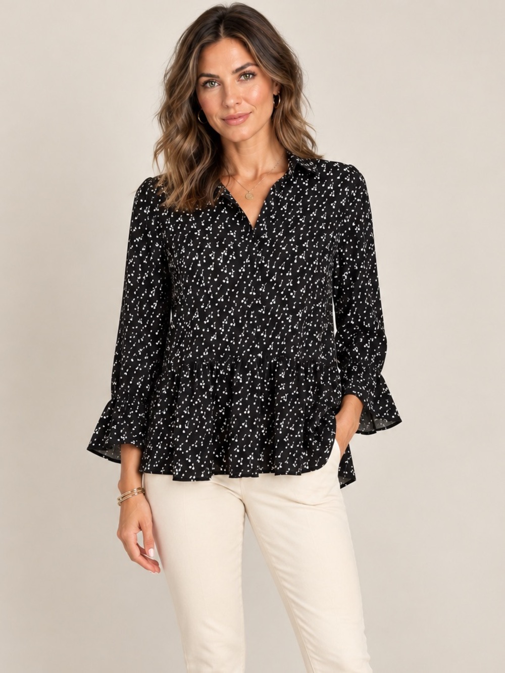 LOFT Black Printed Peplum Tunic Blouse